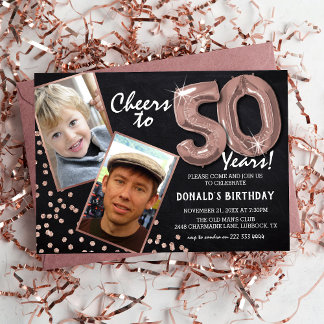 Chalkboard RoseGold Ballons 2 Foto 50. Geburtstag Einladung