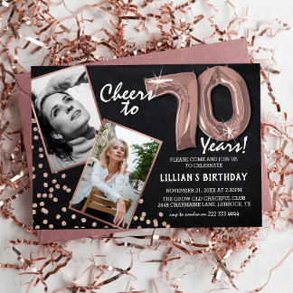 Chalkboard RoseGold Ballons 2 Foto 70. Geburtstag Einladung