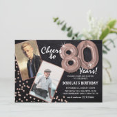 Chalkboard RoseGold Ballons 2 Foto 80. Geburtstag Einladung (Stehend Vorderseite)