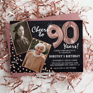 Chalkboard RoseGold Ballons 2 Foto 90. Geburtstag Einladung