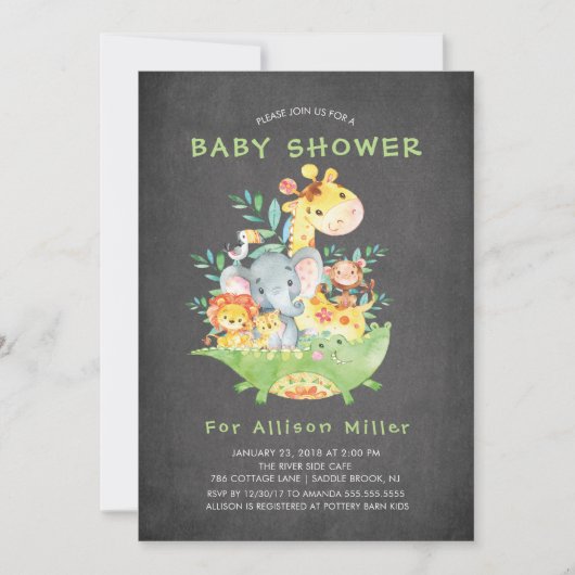 Chalkboard Safari Animals Kinderdusche Einladungen (Vorderseite)