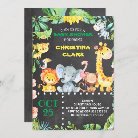 Chalkboard Safari Jungle Animals Baby Dusche Einladung (Vorne/Hinten)