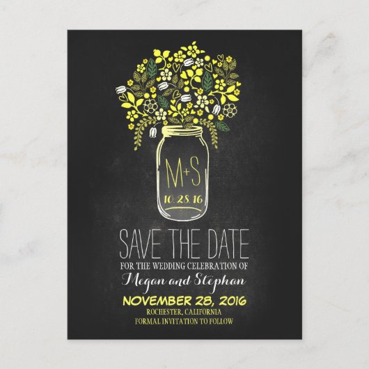 Chalkboard Save the Date - Floral Mason Jar Ankündigungspostkarte (Vorderseite)