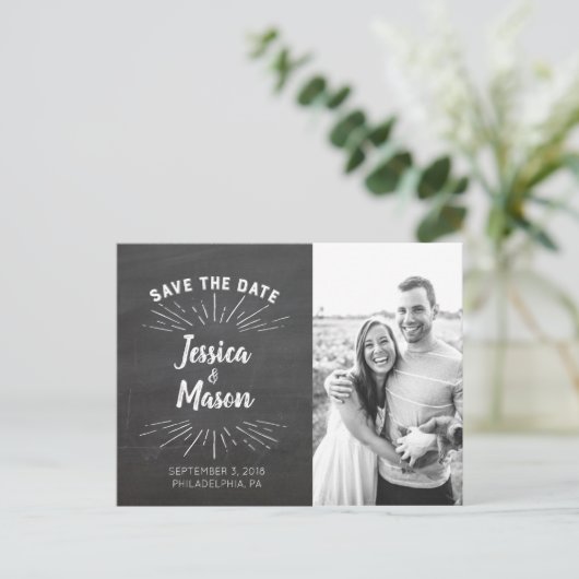 Chalkboard Save the Date Postkarte (Stehend Vorderseite)
