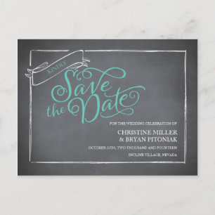 Chalkboard Script Blue Save the Date Ankündigungspostkarte