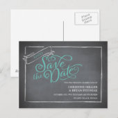 Chalkboard Script Blue Save the Date Ankündigungspostkarte (Vorne/Hinten)