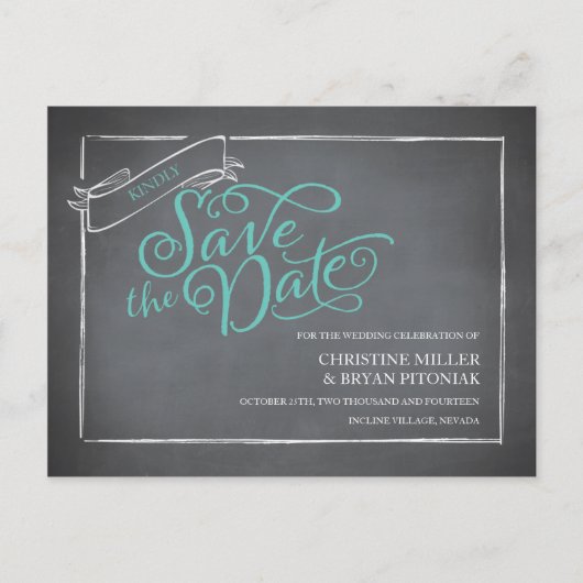 Chalkboard Script Blue Save the Date Ankündigungspostkarte (Vorderseite)