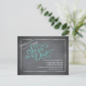 Chalkboard Script Blue Save the Date Ankündigungspostkarte (Stehend Vorderseite)
