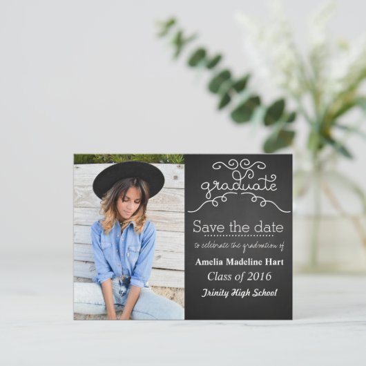 Chalkboard Script Graduate | Save the Date Foto Postkarte (Stehend Vorderseite)
