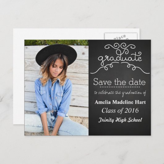 Chalkboard Script Graduate | Save the Date Foto Postkarte (Vorne/Hinten)