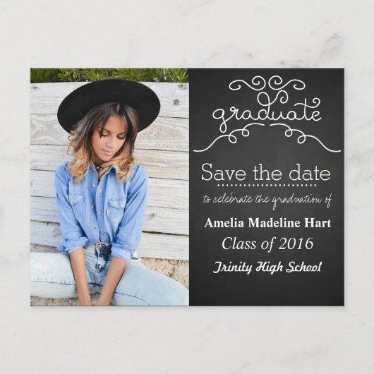 Chalkboard Script Graduate | Save the Date Foto Postkarte (Vorderseite)