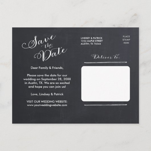 Chalkboard Script Modern Typografy Save the Date Ankündigungspostkarte (Rückseite)
