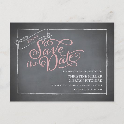 Chalkboard Script Save the Date rosa Ankündigungspostkarte (Vorderseite)