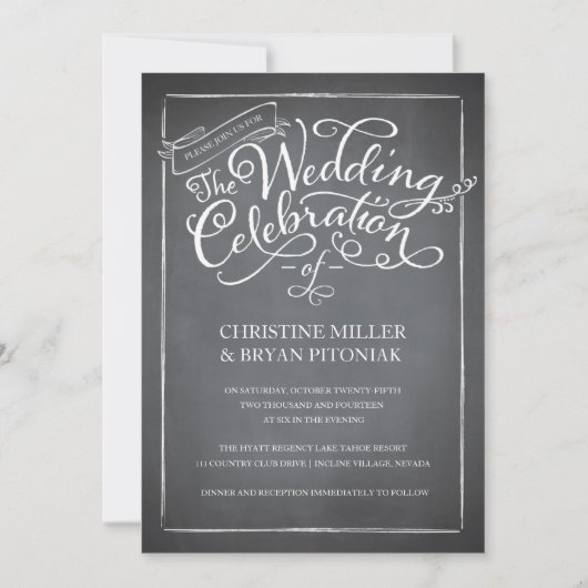 Chalkboard Script White Wedding Einladung (Vorderseite)