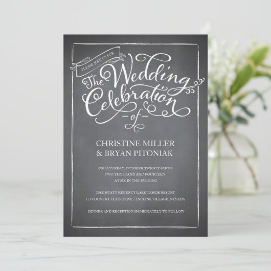 Chalkboard Script White Wedding Einladung (Stehend Vorderseite)
