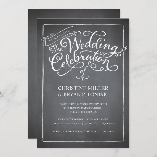 Chalkboard Script White Wedding Einladung (Vorne/Hinten)