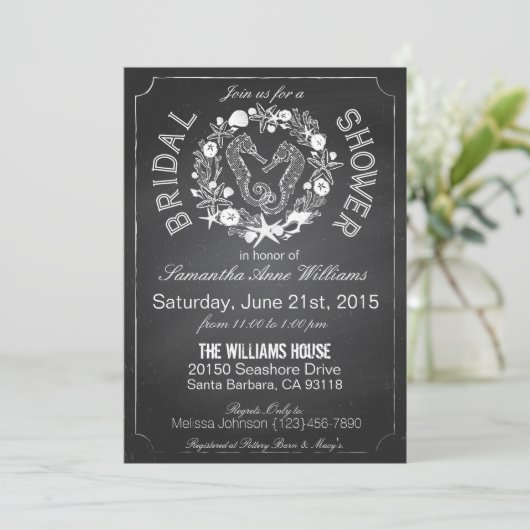 Chalkboard Seepferd Seashells Brautparty Einladung (Stehend Vorderseite)