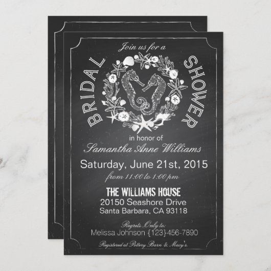 Chalkboard Seepferd Seashells Brautparty Einladung (Vorne/Hinten)