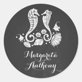 Chalkboard Seepferde Beach Wedding Runder Aufkleber