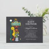 Chalkboard Sesame Street Sign Baby Dusche Einladung (Stehend Vorderseite)