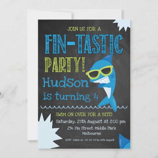 Chalkboard Shark Einladung zum Geburtstag (Vorderseite)