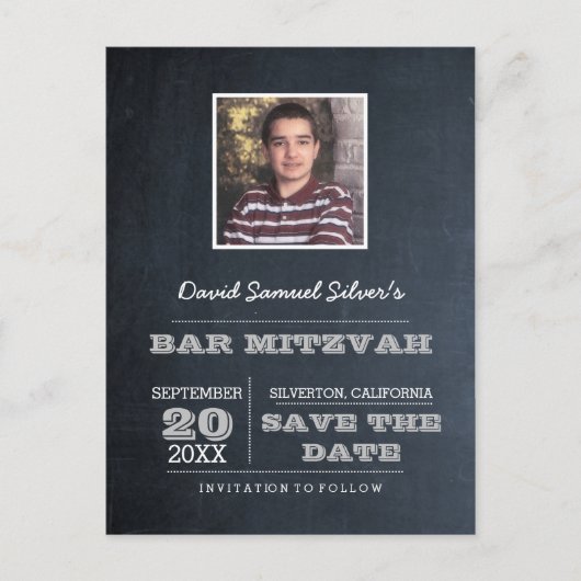 Chalkboard Silver Bar Mitzvah Foto Save the Date Ankündigungspostkarte (Vorderseite)