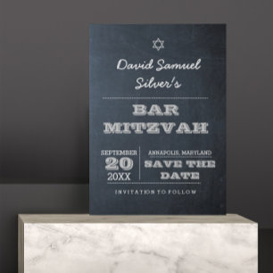 Chalkboard Silver Bar Mitzvah Save the Date Card Einladung