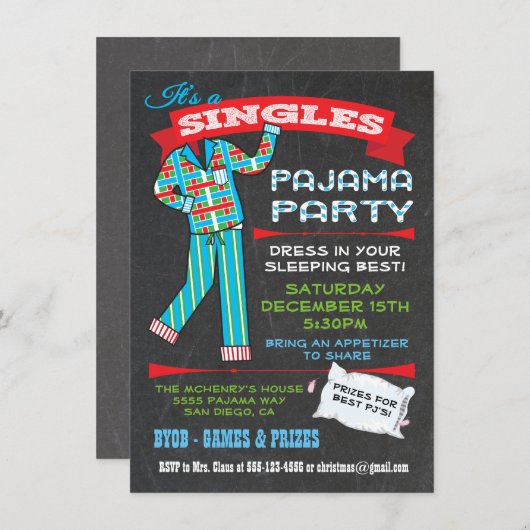 Chalkboard-Single Pajama-Party Einladungen (Vorne/Hinten)