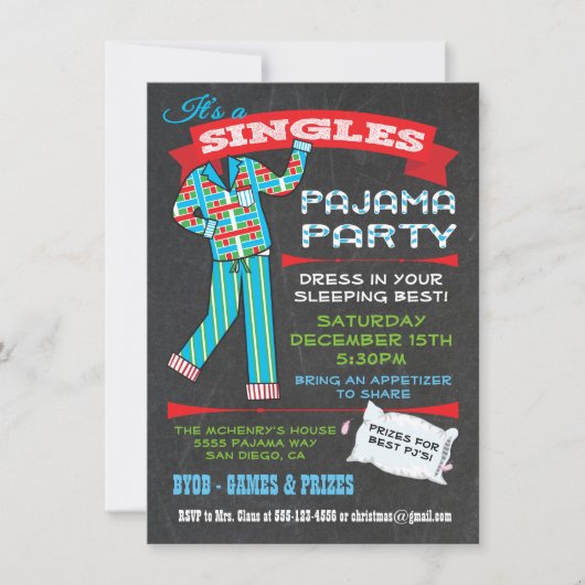 Chalkboard-Single Pajama-Party Einladungen (Vorderseite)