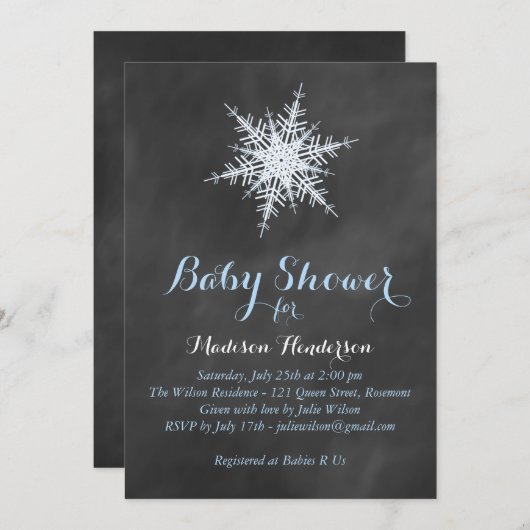 Chalkboard Snowflake Babydusche Einladung - blau (Vorne/Hinten)