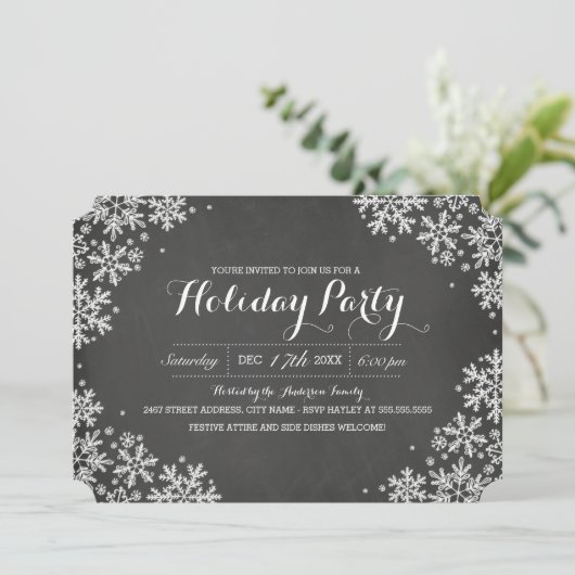 Chalkboard Snowflake Holiday Party Einladung (Stehend Vorderseite)