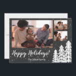 Chalkboard Snowy Pine Tree Holiday Feiertagskarte<br><div class="desc">Lassen Sie es mit dieser reichen, juwelenfarbenen Urlaubssammlung schneien. Im Mittelpunkt des Designs stehen individuell anpassbare Fotos, die in den Ecken mit weißen Weihnachtskiefern bepflanzt sind. Schnee fällt in den Hintergrund, um Textur hinzuzufügen. Ein individualisierbarer Gruß in einem Bauernhaus-Skript verleiht dem Design ein skurriles Gefühl. Erhältlich in marineblau, crimson, pine...</div>