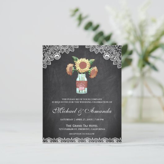 Chalkboard Sonnenblumen Budget Einladung Hochzeit (Stehend Vorderseite)