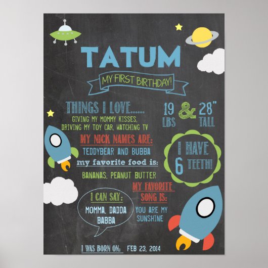 Chalkboard Spaceship personalisiert 1-jähriges Pos Poster (Vorne)