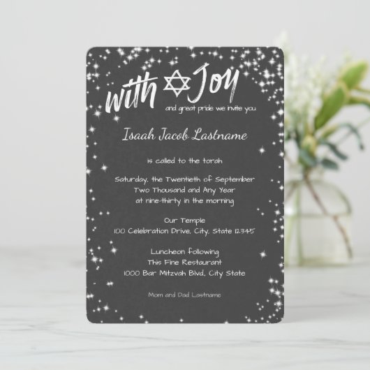 Chalkboard Sparkle Sky Bar Mitzvah Einladung (Stehend Vorderseite)