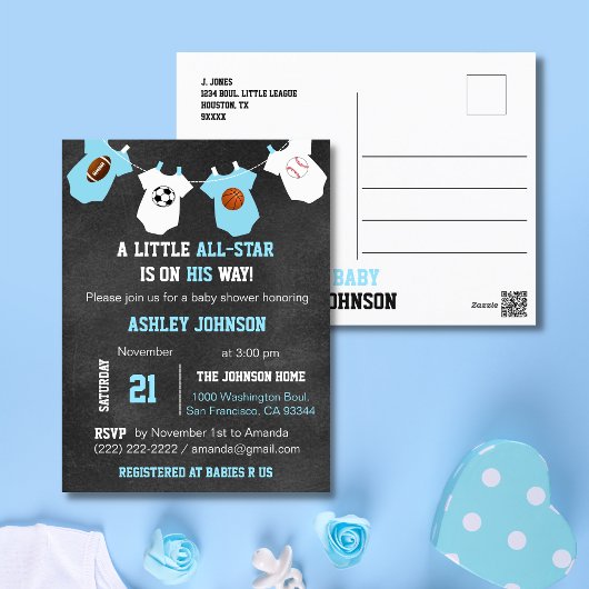 Chalkboard Sports Kleine ALL-STAR Babydusche Postkarte