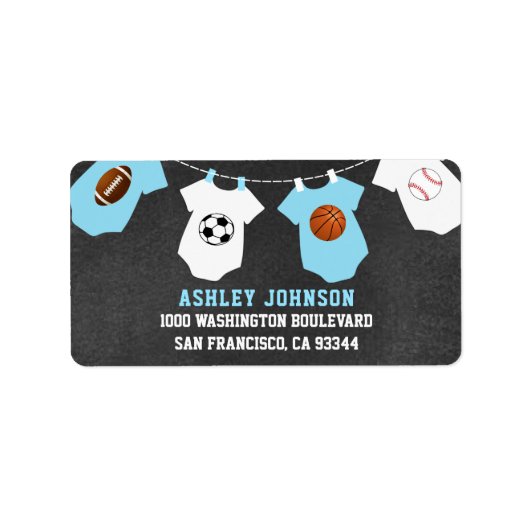 Chalkboard Sports Theme Blue Boy Baby Dusche Adressaufkleber (Vorne)