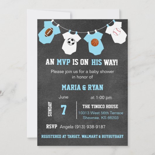 Chalkboard Sports Theme Kinderdusche Einladungen (Vorderseite)