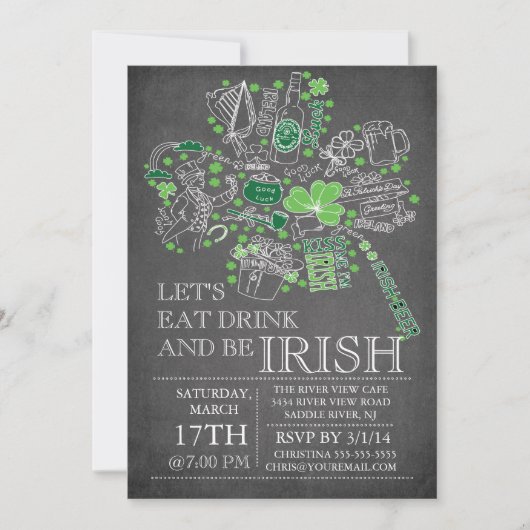 Chalkboard St. Patrick's Day Bash Dinner Party Einladung (Vorderseite)
