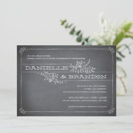 Chalkboard Stencil White Wedding Einladung (Stehend Vorderseite)