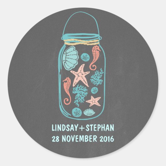 Chalkboard Strand Mason Glas niedliche Hochzeitsau Runder Aufkleber (Vorderseite)