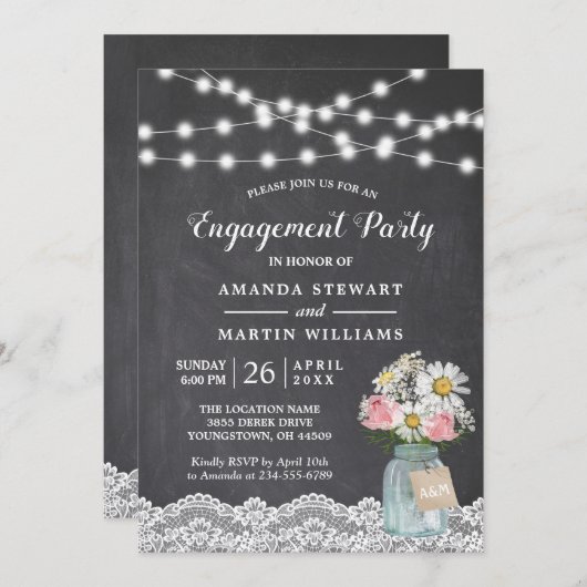 Chalkboard String Lights Floral Engagement Party Einladung (Vorne/Hinten)