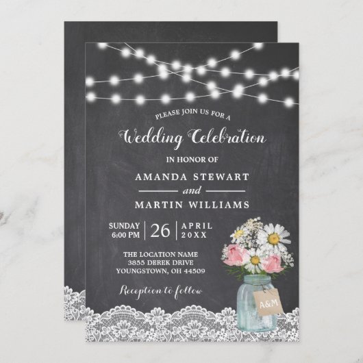 Chalkboard String Lights Gipskraut Wedding Einladung (Vorne/Hinten)