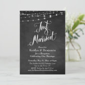 Chalkboard String Lights Just Married Empfang Einladung (Stehend Vorderseite)