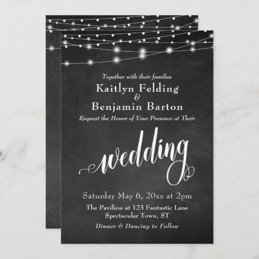 Chalkboard String Lights, Typografie Wedding Einladung (Vorne/Hinten)