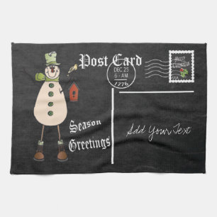 Chalkboard Style Green Snowman Postcard Design Geschirrtuch