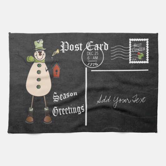 Chalkboard Style Green Snowman Postcard Design Geschirrtuch (Horizontal)