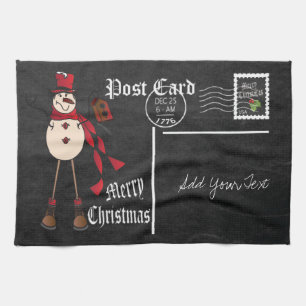 Chalkboard Style Red Snowman Postcard Design Geschirrtuch