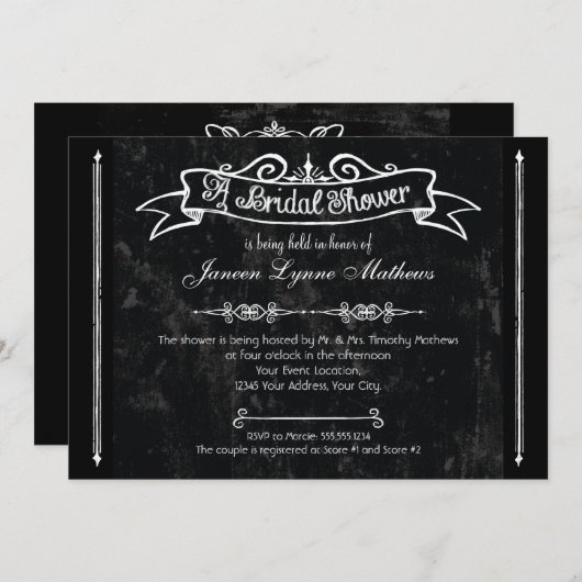 Chalkboard Style Rustic Swirt Brautparty Card Einladung (Vorne/Hinten)