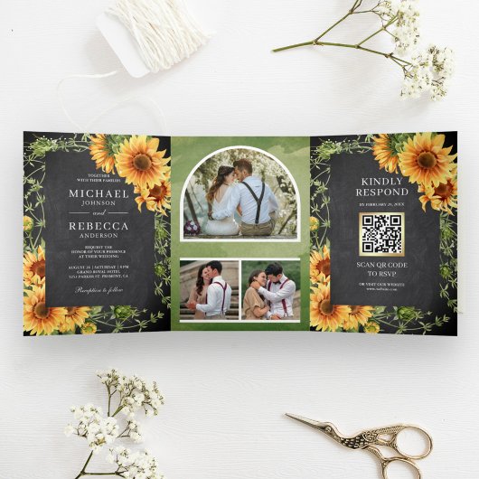 Chalkboard Sunflowers Foto Arch QR Code Hochzeit Dreifach Gefaltete Einladung